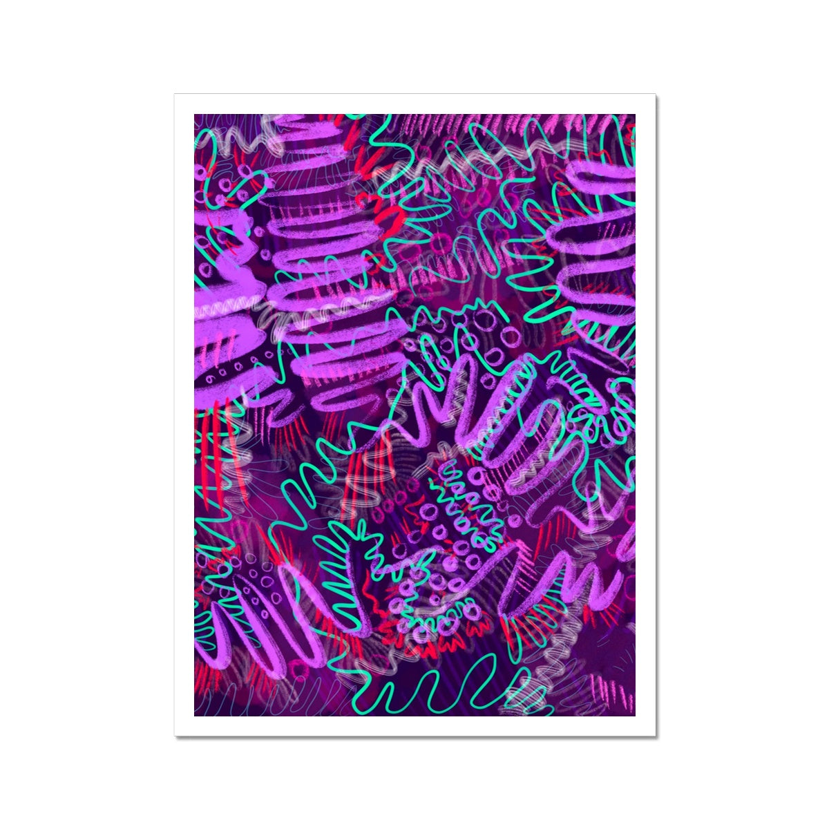 An art print with a white border. The abstract design has aqua green squiggles, light and dark purple squiggles and circles and hot pink lines