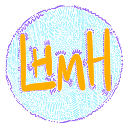 A circle logo. The background is white. ‘LHMH in yellow lettering, with purple doodle accents and a circular squiggle border. Light blue doodles fill the circle. 