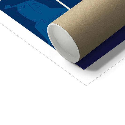 A poster tube laying on top of an art print. It has a thick white border and you can see blue shapes and squiggles. 