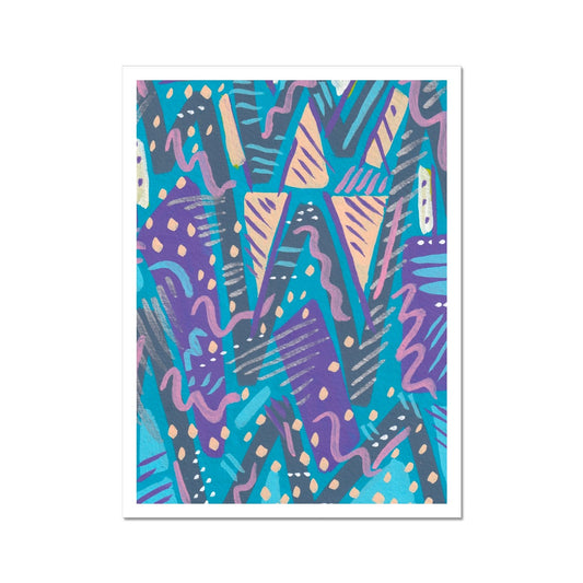 Art Print with white border. An abstract pattern with zig zag lines, stripes, squiggles, rectangles and triangles.