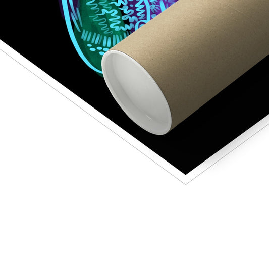 A poster tube laying on top an art print. 