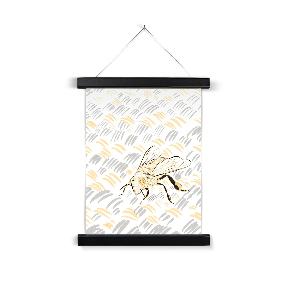  a black wooden poster hanger. The print: a digital line drawing of a bee. The background is white, the bee is rendered in black/yellow, and the rug in grey/yellow. 