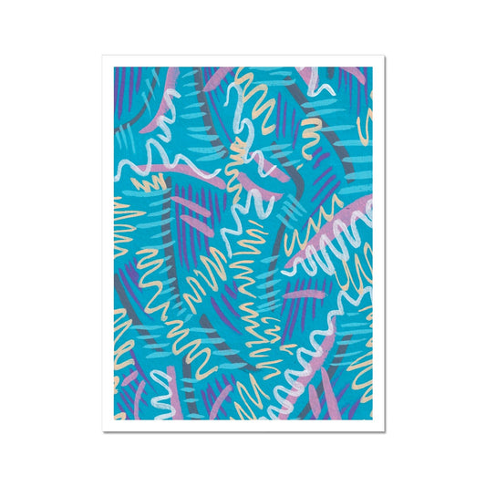 Art Print with white border. An abstract pattern with lines/stripes/squiggles, the background is blue.