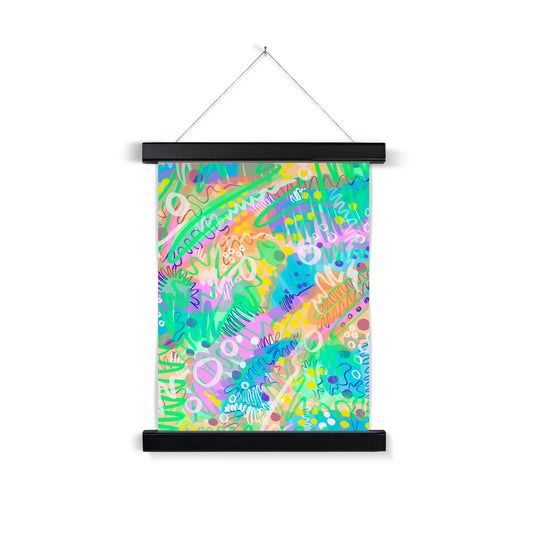 Black wooden poster hanger. The print: an abstract line drawing. it uses green/yellow/purple/pink/blue/yellow. The colours are fresh and bright. there are circles, squiggles and dots. 