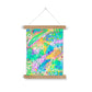 Light wooden poster hanger. The print: an abstract line drawing. it uses green/yellow/purple/pink/blue/yellow. The colours are fresh and bright. there are circles, squiggles and dots.