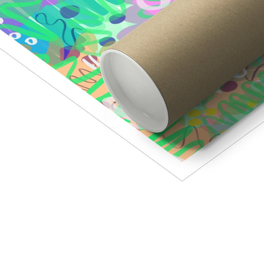Poster tube sitting on top of an art print. The print: an abstract line drawing. it uses green/yellow/purple/pink/blue/yellow. The colours are fresh and bright. there are circles, squiggles and dots.