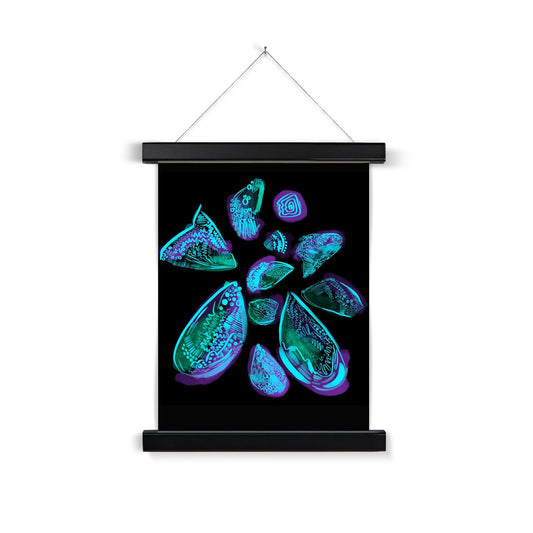 A black wooden poster hanger. The print: An abstract drawing of sea shells arranged in a circle. The background is black and the design is sea shells rendered with dark green/purple wash and light blue line markings. 