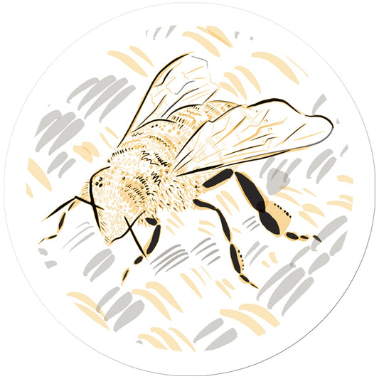 A round sticker. The print: a digital line drawing of a bee. The background is white, the bee is rendered in black/yellow, and the rug in grey/yellow. The border is white. 