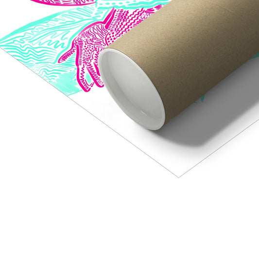 A poster tube laying on top of an art print with a white background and hot pink/seafoam green line drawing. 