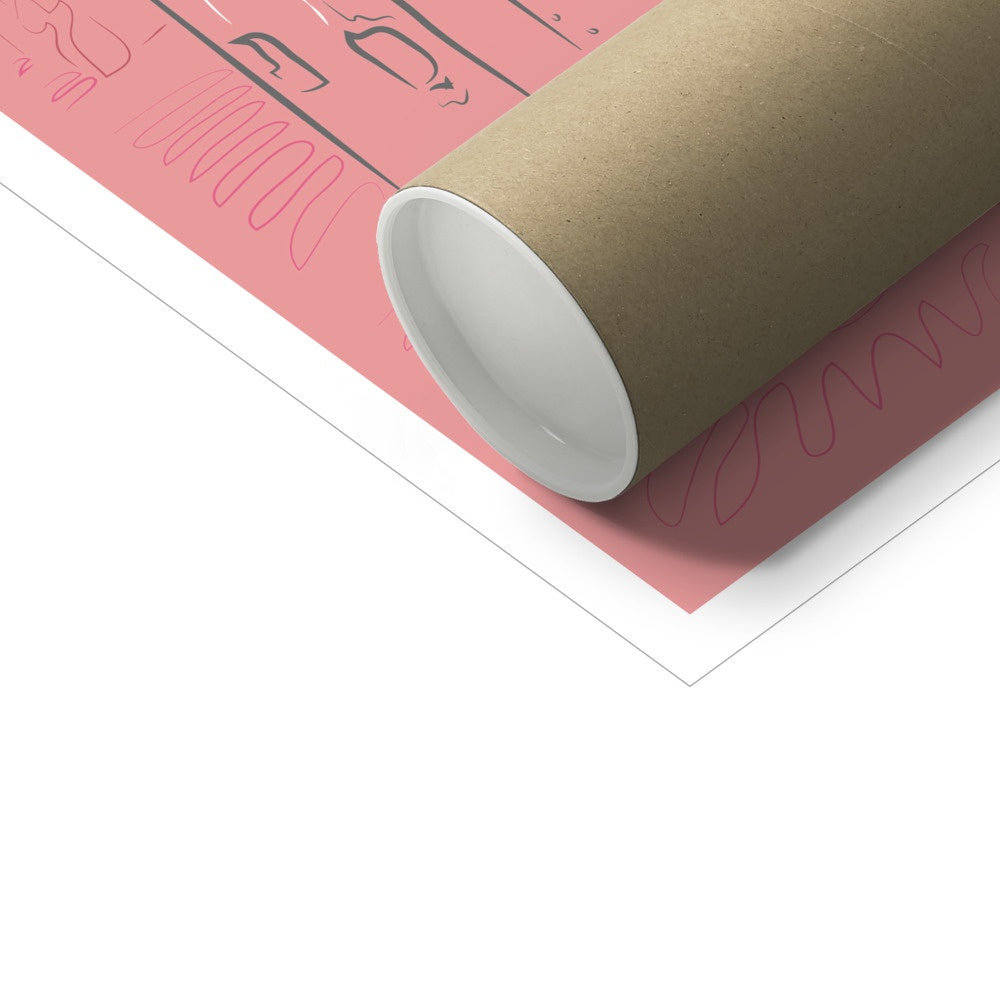 A poster tube sitting on top of an art print. The print background is plain pink. It has a white border. 