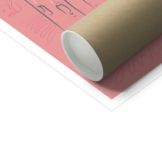 A poster tube sitting on top of an art print. The print background is plain pink. It has a white border. 