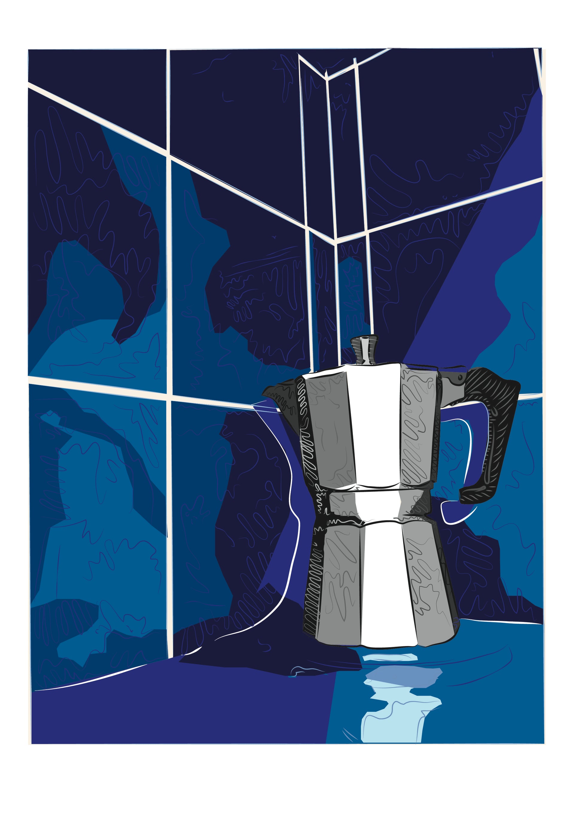 The original image the print is taken from. A grey moka pot is sitting on a bench and it is rendered in grey/black/white with doodle accents. The background is in blues, with white lines that indicate they are tiles, and squiggle accents. It has a thick white border 