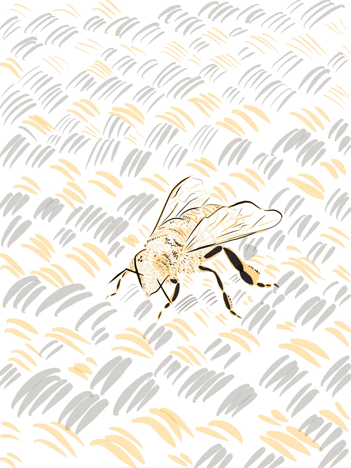 An art print. It is a digital line drawing of a bee. The background is white, the bee is rendered in black/yellow, and the rug in grey/yellow.