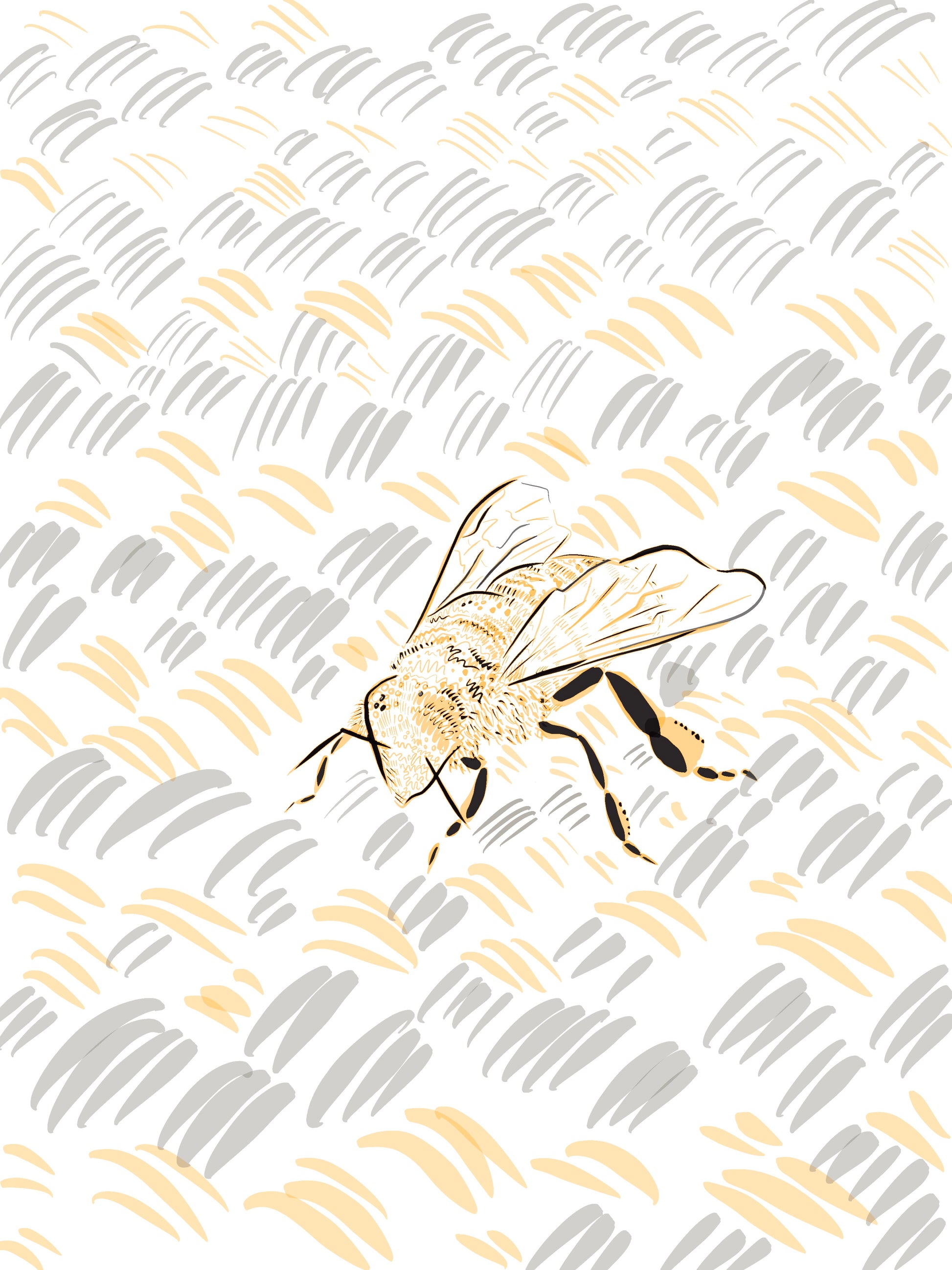 An art print. It is a digital line drawing of a bee. The background is white, the bee is rendered in black/yellow, and the rug in grey/yellow.