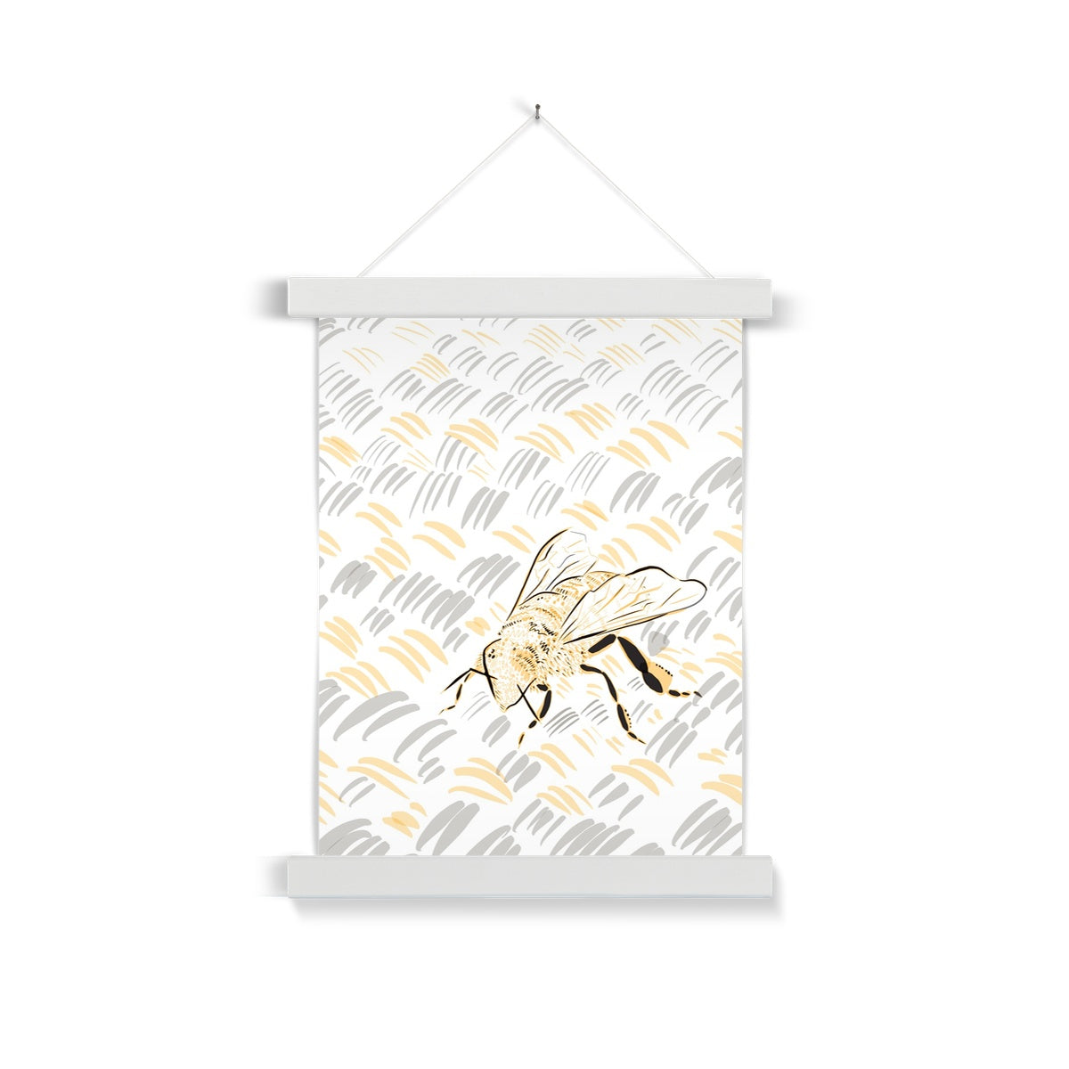 a white wooden poster hanger. The print: a digital line drawing of a bee. The background is white, the bee is rendered in black/yellow, and the rug in grey/yellow.