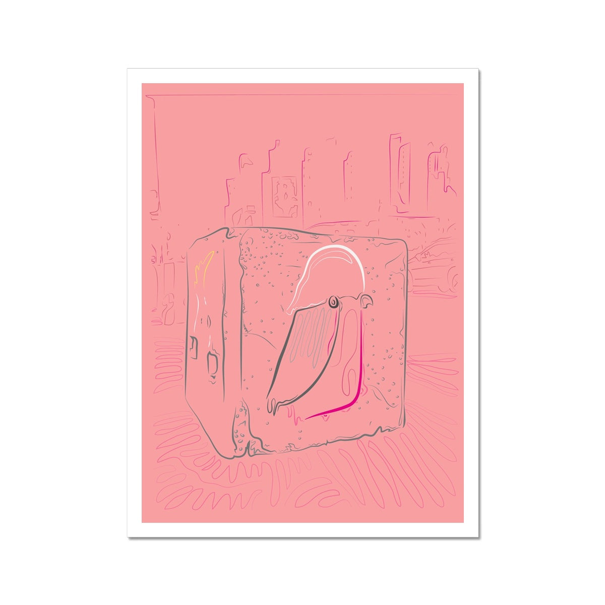 An art print. A cityscape line drawing in pink. In the centre of the image is a grey cube with a galah in pink/white/grey drawn on it. The print background is plain pink. It has a white border. 