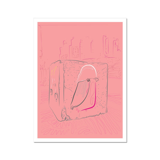 An art print. A cityscape line drawing in pink. In the centre of the image is a grey cube with a galah in pink/white/grey drawn on it. The print background is plain pink. It has a white border. 