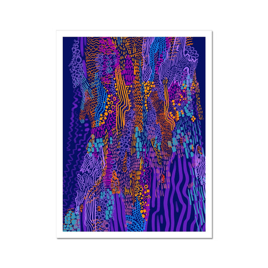 An abstract drawing of a tree. It uses circles, squiggles and lines. The background is plain purple and the doodles are in lavender, orange, hot pink and light blue.