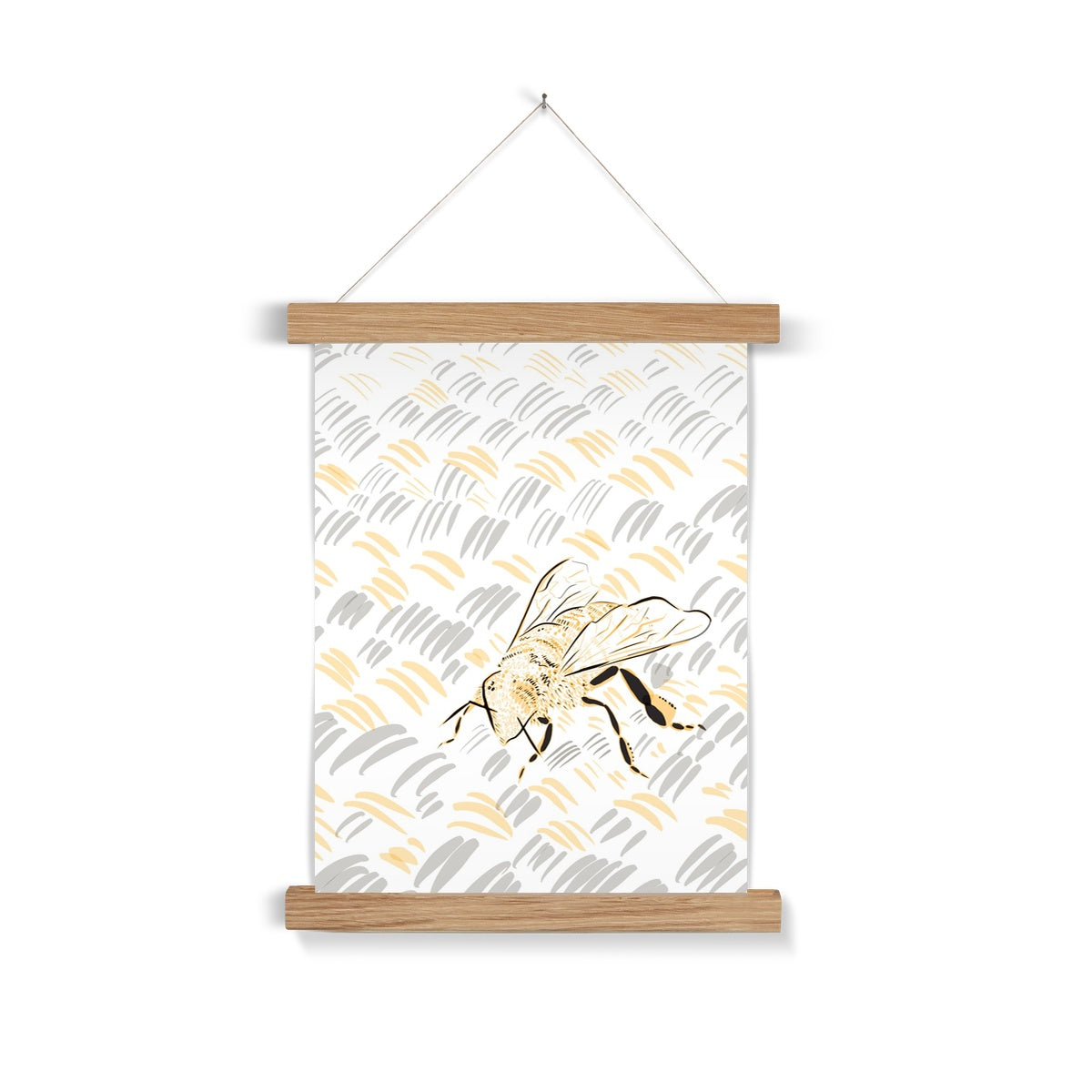 a light wooden poster hanger. The print: a digital line drawing of a bee. The background is white, the bee is rendered in black/yellow, and the rug in grey/yellow.