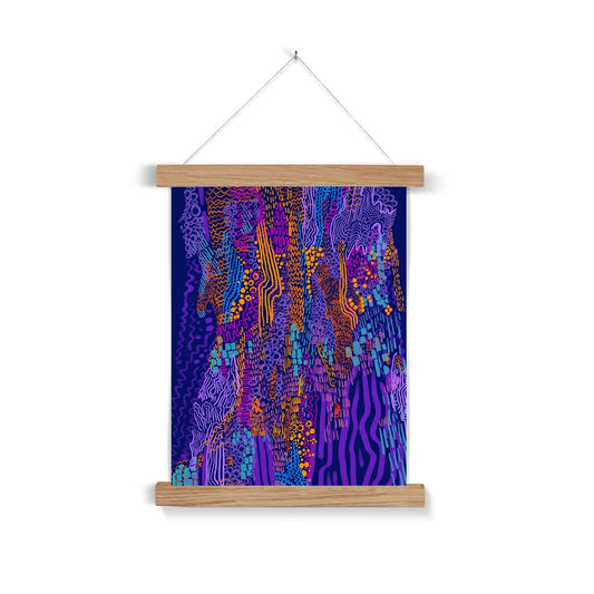 Light wooden poster hanger. The print is an abstract drawing of a tree. It uses circles, squiggles and lines. The background is plain purple and the doodles are in lavender, orange, hot pink and light blue. 