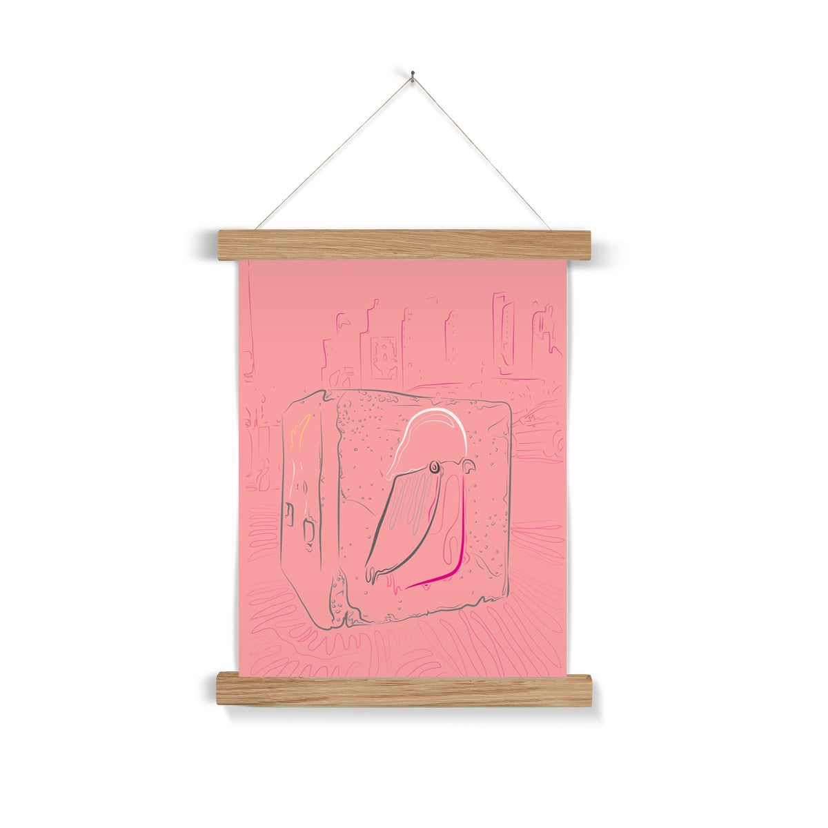 A light wooden poster hanger. The print: a cityscape line drawing in pink. In the centre of the image is a grey cube with a galah in pink/white/grey drawn on it. The print background is plain pink.