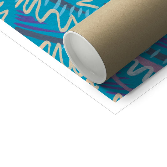 Poster tube laying on top of art print. The print is an abstract pattern with lines/stripes/squiggles, the background is blue.