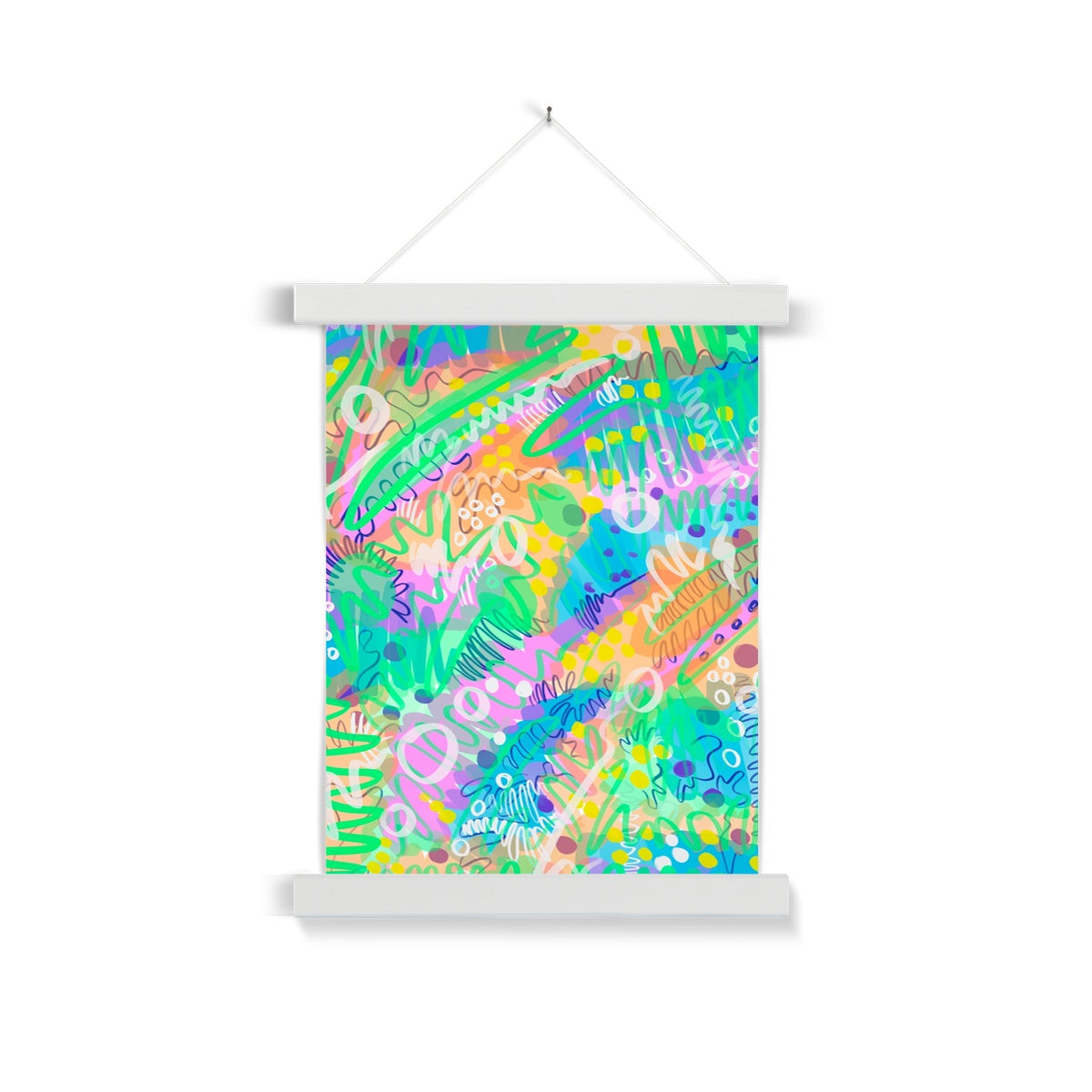 White wooden poster hanger. The print: an abstract line drawing. it uses green/yellow/purple/pink/blue/yellow. The colours are fresh and bright. there are circles, squiggles and dots.