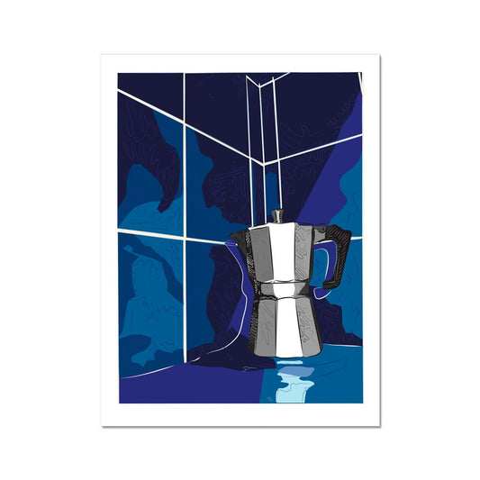 An art print with a thick white border. A grey moka pot is sitting on a bench and it is rendered in grey/black/white with doodle accents. The background is in blues, with white lines that indicate they are tiles, and squiggle accents.