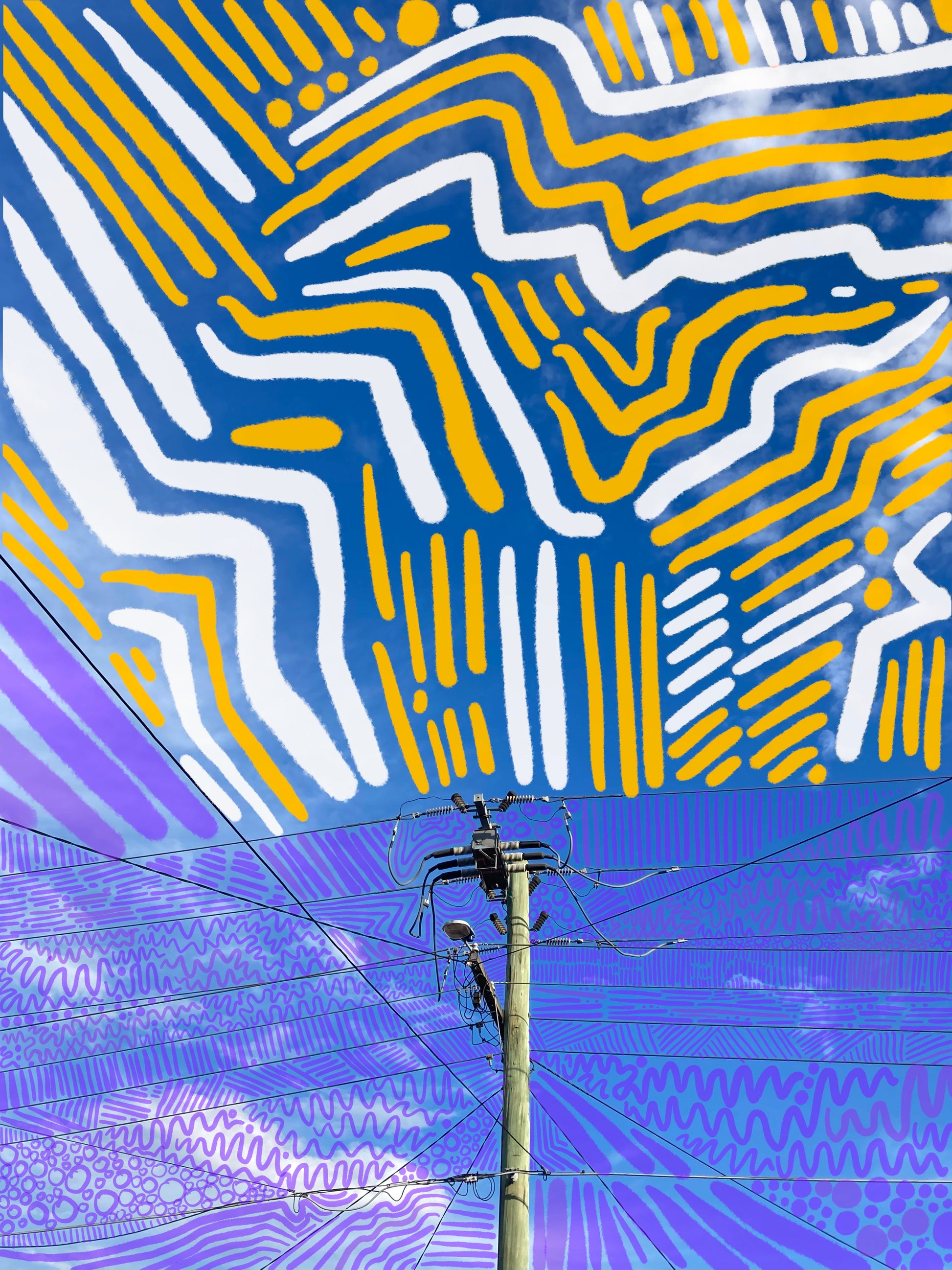 The full image the print is taken from. A digital collage of a powerline surrounded by blue sky. There are purple lines/circles/squiggles doodles around the powerline and about is thick white and yellow doodle lines.