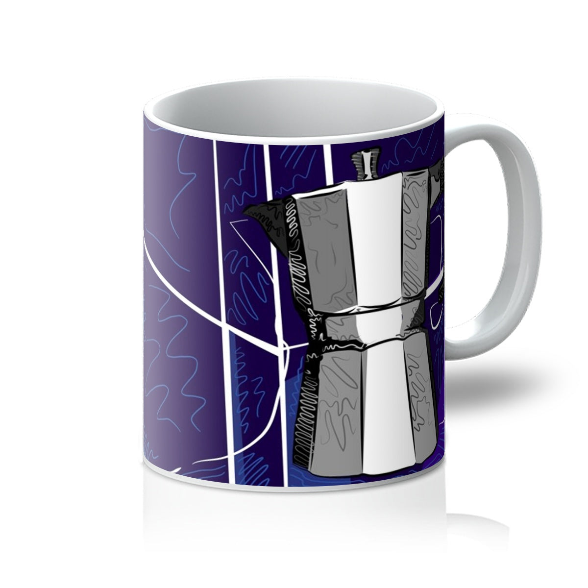 White mug with art print. A grey moka pot is sitting on a bench and it is rendered in grey/black/white with doodle accents. The background is in blues, with white lines that indicate they are tiles, and squiggle accents. Handle is on the right. 