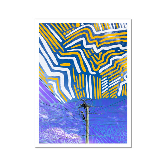 An art print with white border. A digital collage of a powerline surrounded by blue sky. There are purple lines/circles/squiggles doodles around the powerline and about is thick white and yellow doodle lines.