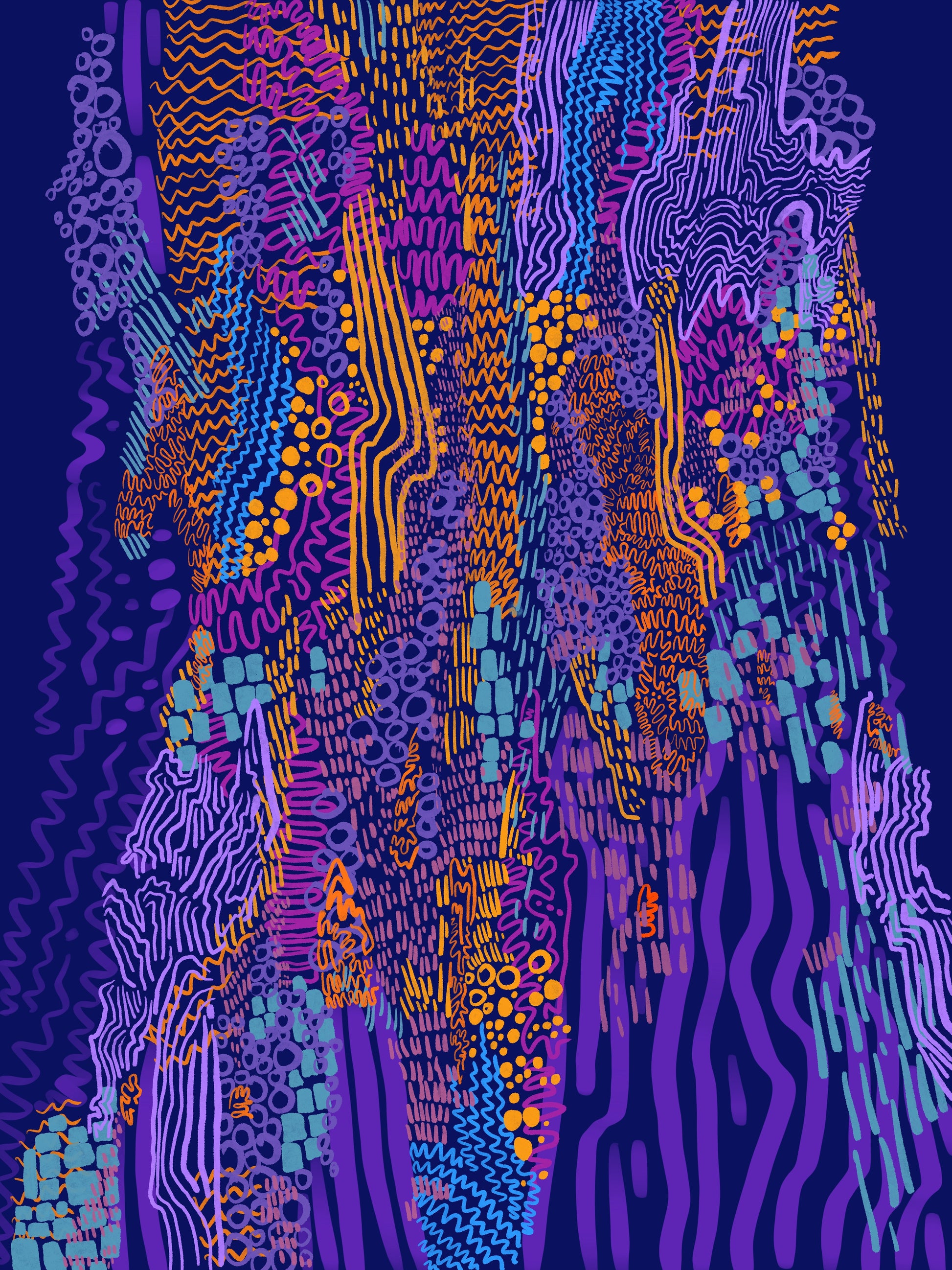 An abstract drawing of a tree. It uses circles, squiggles and lines. The background is plain purple and the doodles are in lavender, orange, hot pink and light blue. 