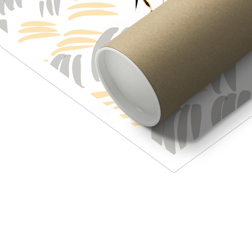 A poster tube sitting on top of a print. The print: a digital line drawing of a bee. The background is white, the bee is rendered in black/yellow, and the rug in grey/yellow.