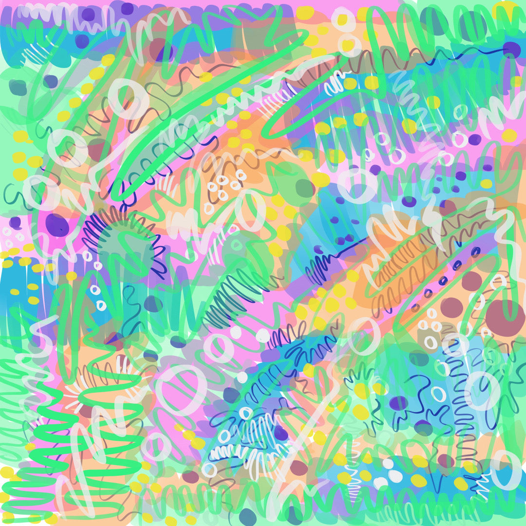 The full image the art print is taken from. The print: an abstract line drawing. it uses green/yellow/purple/pink/blue/yellow. The colours are fresh and bright. there are circles, squiggles and dots.