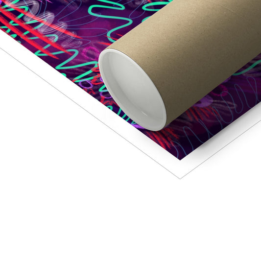 A poster tube laying on top of a print with a white border. The abstract design has aqua green squiggles, light and dark purple squiggles and circles and hot pink lines