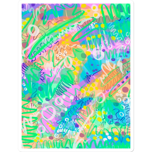 Sticker with white border. It is an abstract line drawing. It uses green/yellow/purple/pink/blue/yellow. The colours are fresh and bright. there are circles, squiggles and dots.
