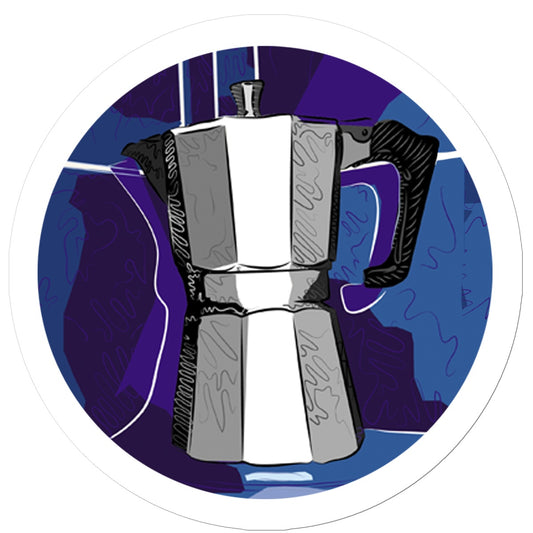 A round sticker with a thick white border. A grey moka pot is sitting on a bench and it is rendered in grey/black/white with doodle accents. The background is in blues, with white lines that indicate they are tiles, and squiggle accents.
