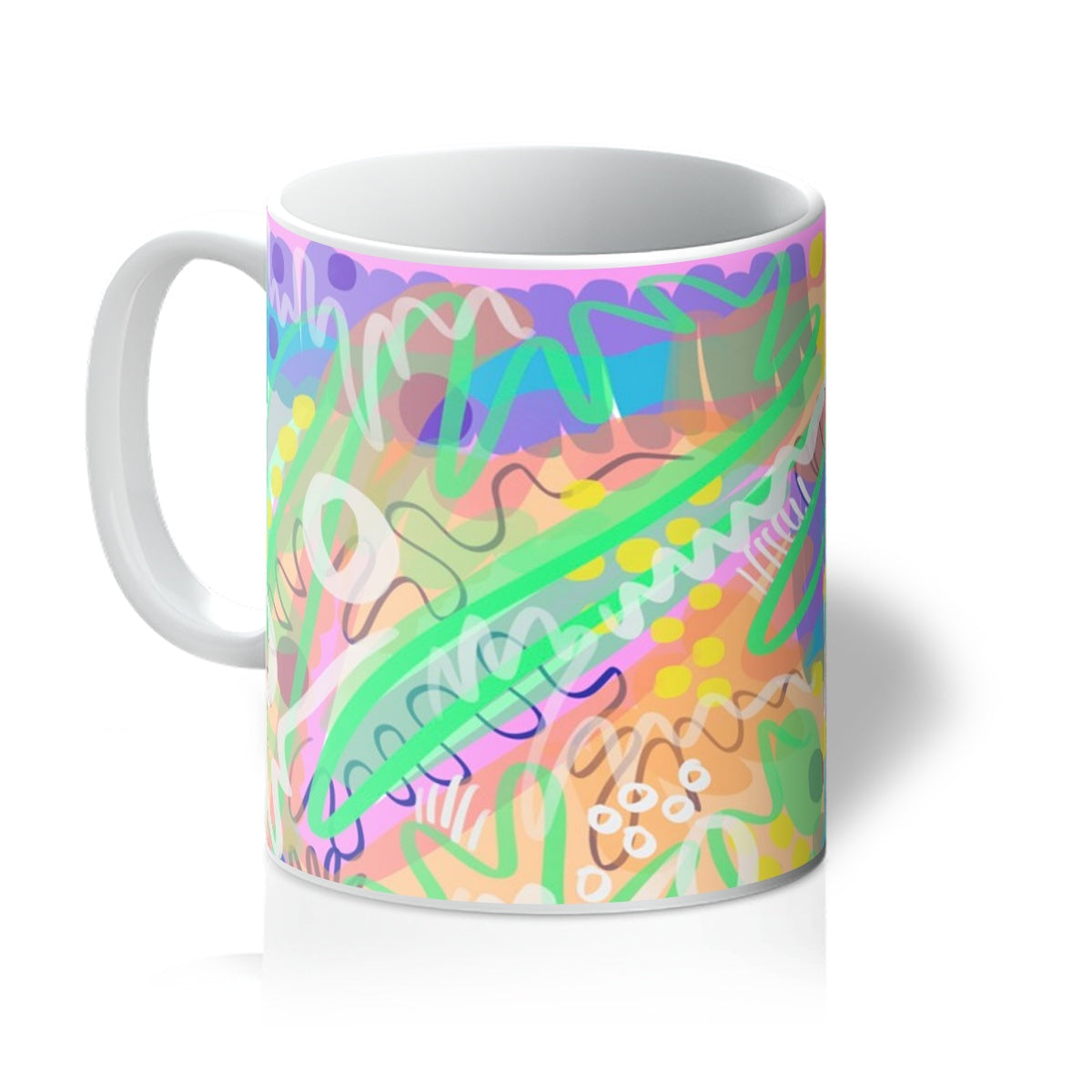 White mug with art print. Abstract line drawing. It uses green/yellow/purple/pink/blue/yellow. The colours are fresh and bright. there are circles, squiggles and dots. Handle is on the left. 