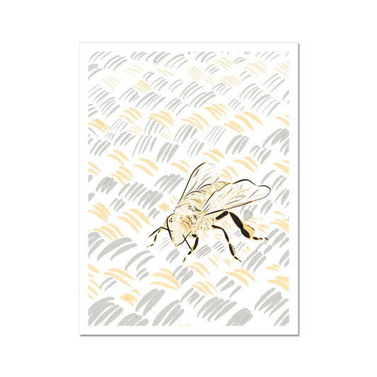 An art print. The print: a digital line drawing of a bee. The background is white, the bee is rendered in black/yellow, and the rug in grey/yellow.