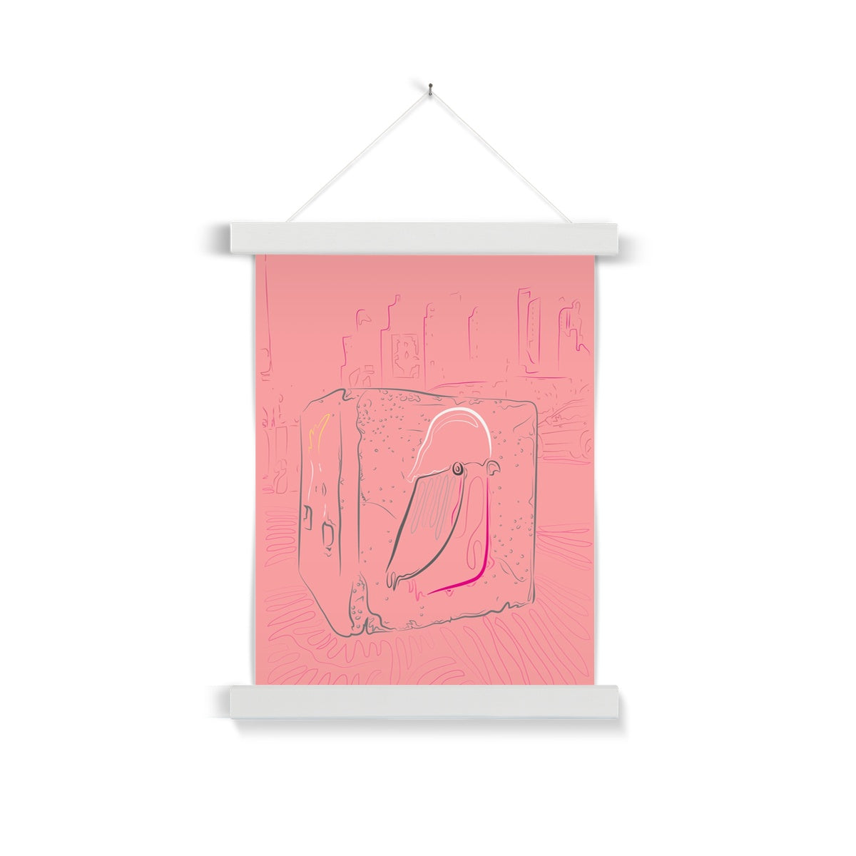 A white wooden poster hanger. The print: a cityscape line drawing in pink. In the centre of the image is a grey cube with a galah in pink/white/grey drawn on it. The print background is plain pink.