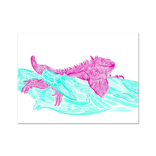 An art print. The print background is white and the design is an Iguana laying on top of a branch. They are both rendered in lines, squiggles and circles. The Iguana is hot pink and the branch is seafoam green.