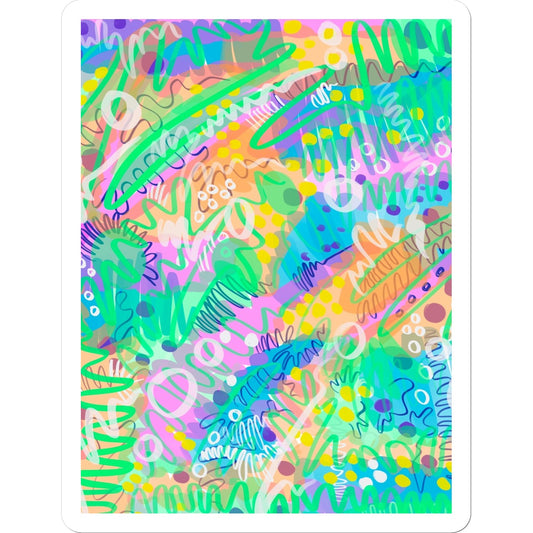 Sticker with white border. It is an abstract line drawing. It uses green/yellow/purple/pink/blue/yellow. The colours are fresh and bright. there are circles, squiggles and dots.