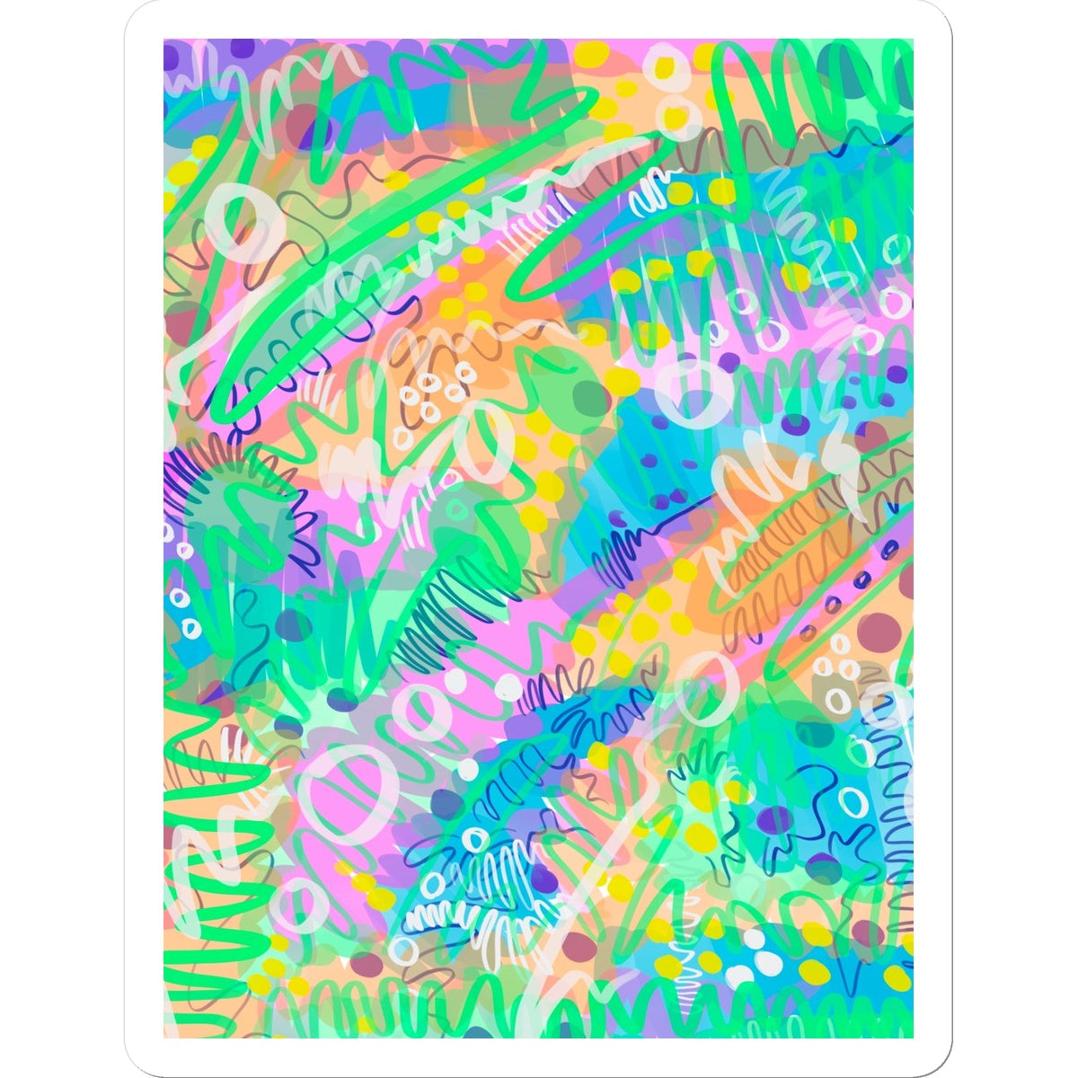 Sticker with white border. It is an abstract line drawing. It uses green/yellow/purple/pink/blue/yellow. The colours are fresh and bright. there are circles, squiggles and dots.