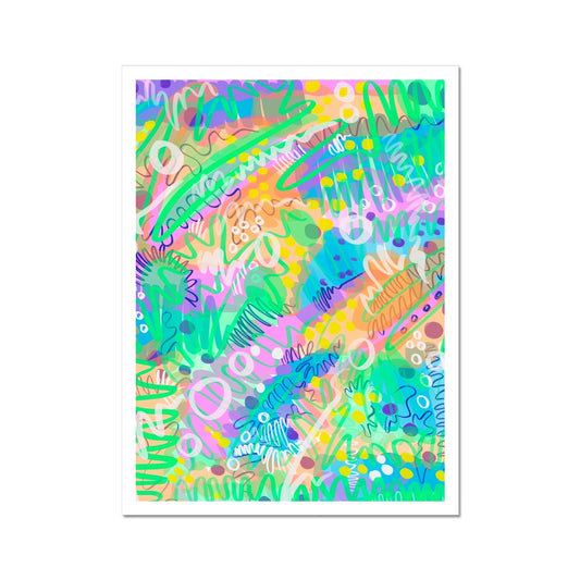 An art print. It is an abstract line drawing. it uses green/yellow/purple/pink/blue/yellow. The colours are fresh and bright. there are circles, squiggles and dots.