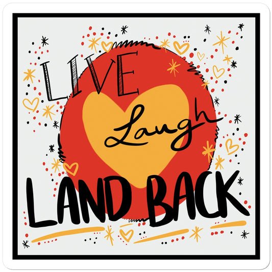 A rectangular art print with a black border and a white border. The design: ‘live laugh land back’ written in black with a yellow heart and red circle behind. The background is white with small dots, squiggles, stars and hearts dotted around the image in red, yellow and black.