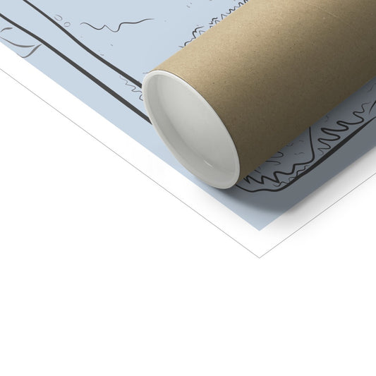A poster tube sitting on top of an art print. The print us in mid grey with black lines. 
