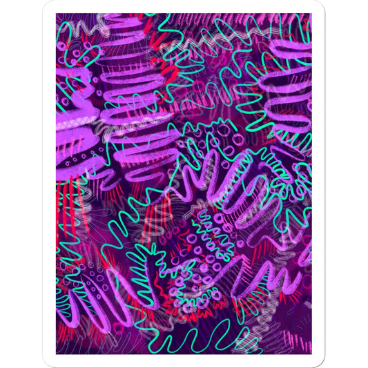 A rectangle sticker with a thick white border. The abstract design has aqua green squiggles, light and dark purple squiggles and circles and hot pink lines