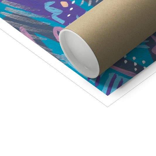 Poster tube laying on top of art print. An abstract pattern with zig zag lines, stripes, squiggles, rectangles and triangles.